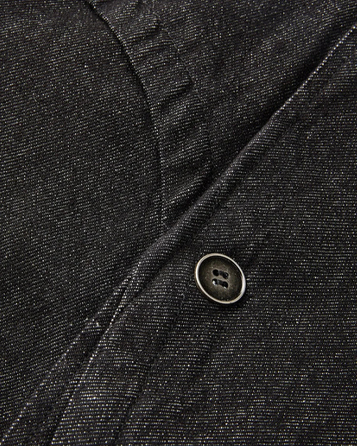 Men's black cropped denim jacket with high collar and asymmetric button front