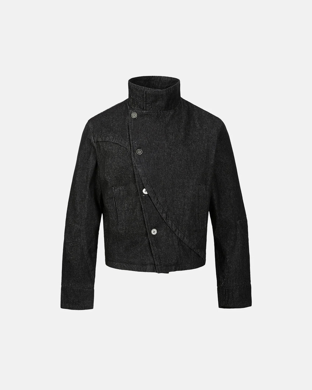 Men's black cropped denim jacket with high collar and asymmetric button front