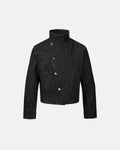Men's black cropped denim jacket with high collar and asymmetric button front