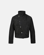 Men's black cropped denim jacket with high collar and asymmetric button front
