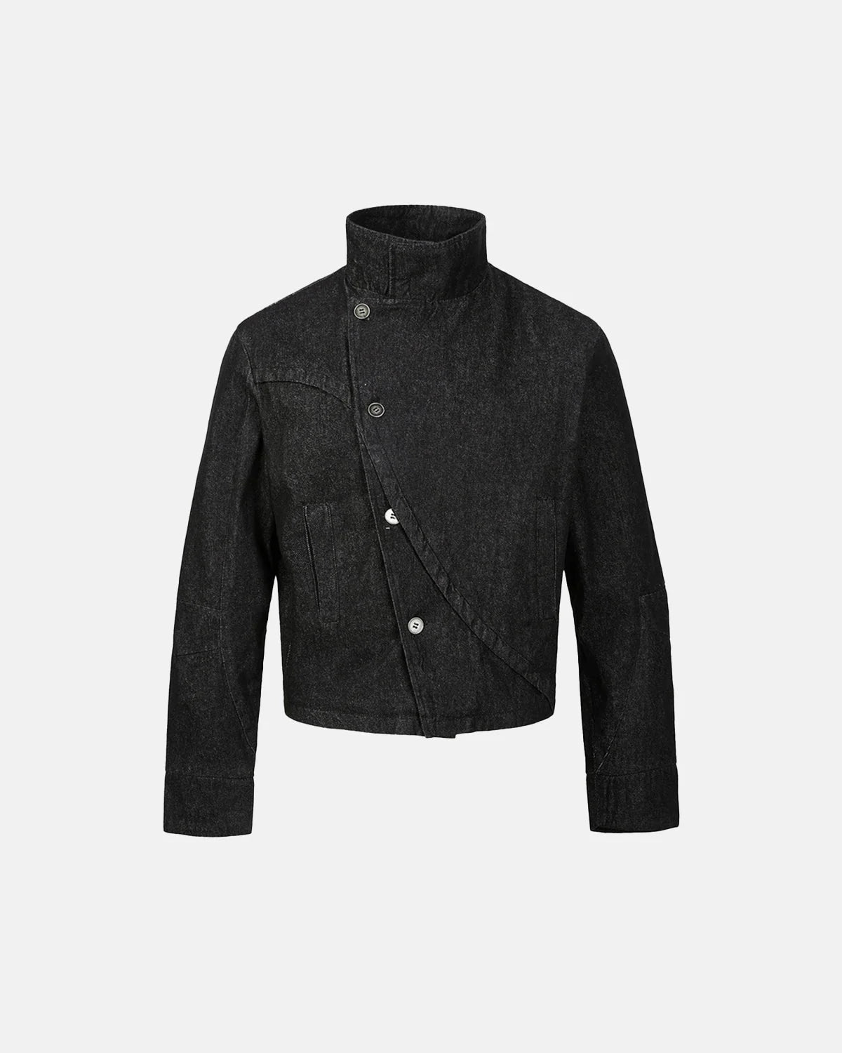 Men's black cropped denim jacket with high collar and asymmetric button front