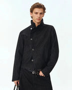 Men's black cropped denim jacket with high collar and asymmetric button front
