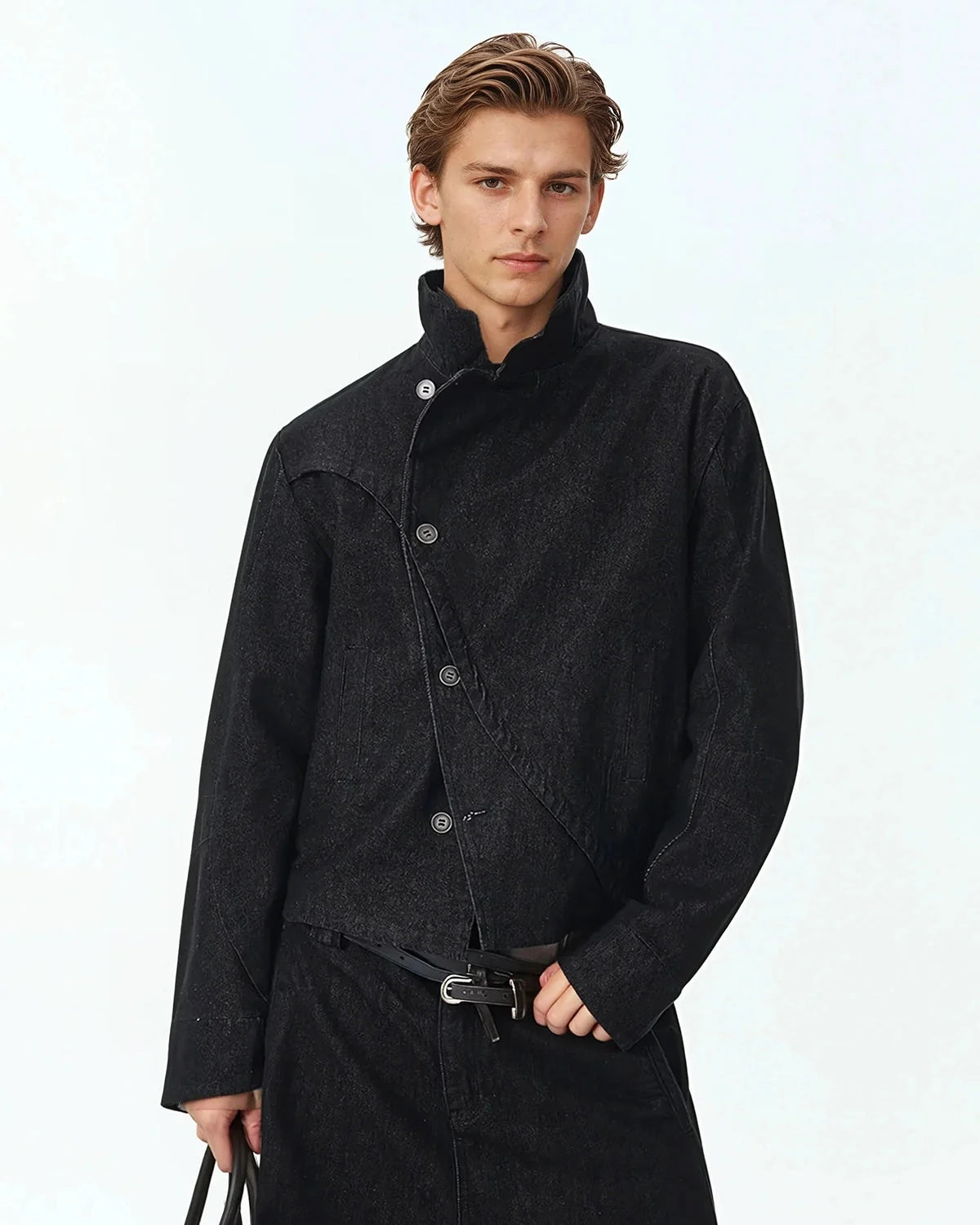 Men's black cropped denim jacket with high collar and asymmetric button front