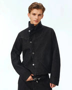 Men's black cropped denim jacket with high collar and asymmetric button front