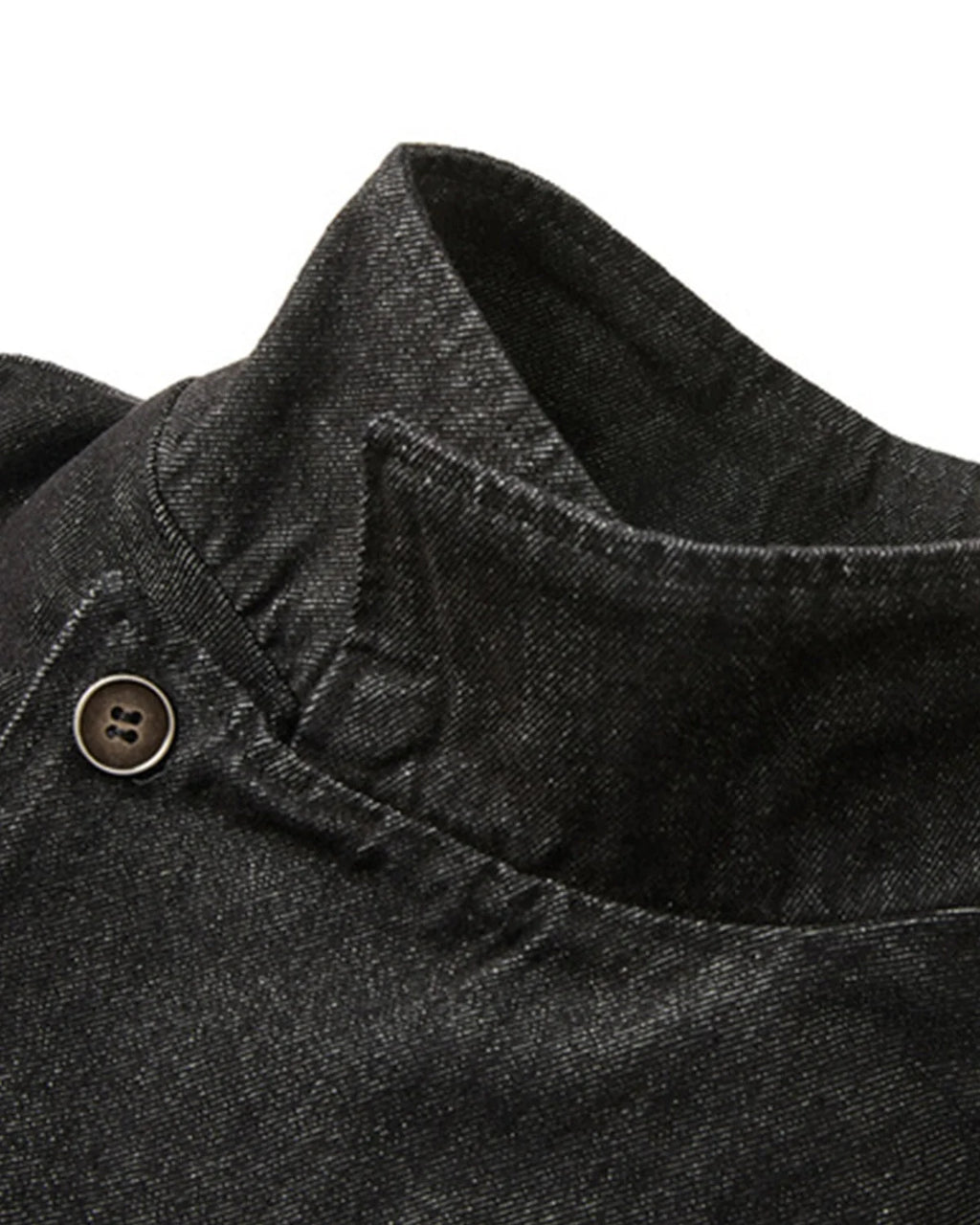 Men's black cropped denim jacket with high collar and asymmetric button front