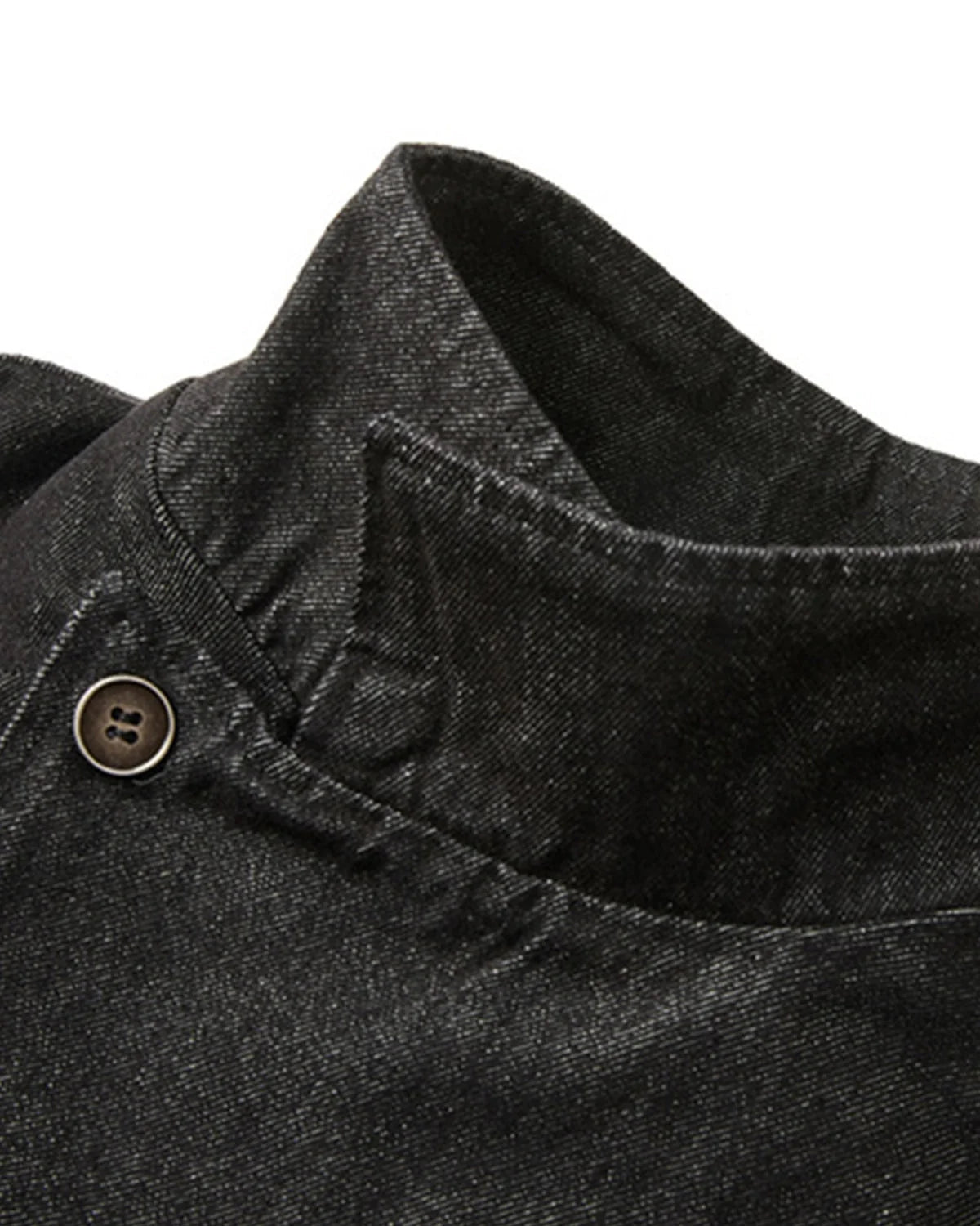 Men's black cropped denim jacket with high collar and asymmetric button front
