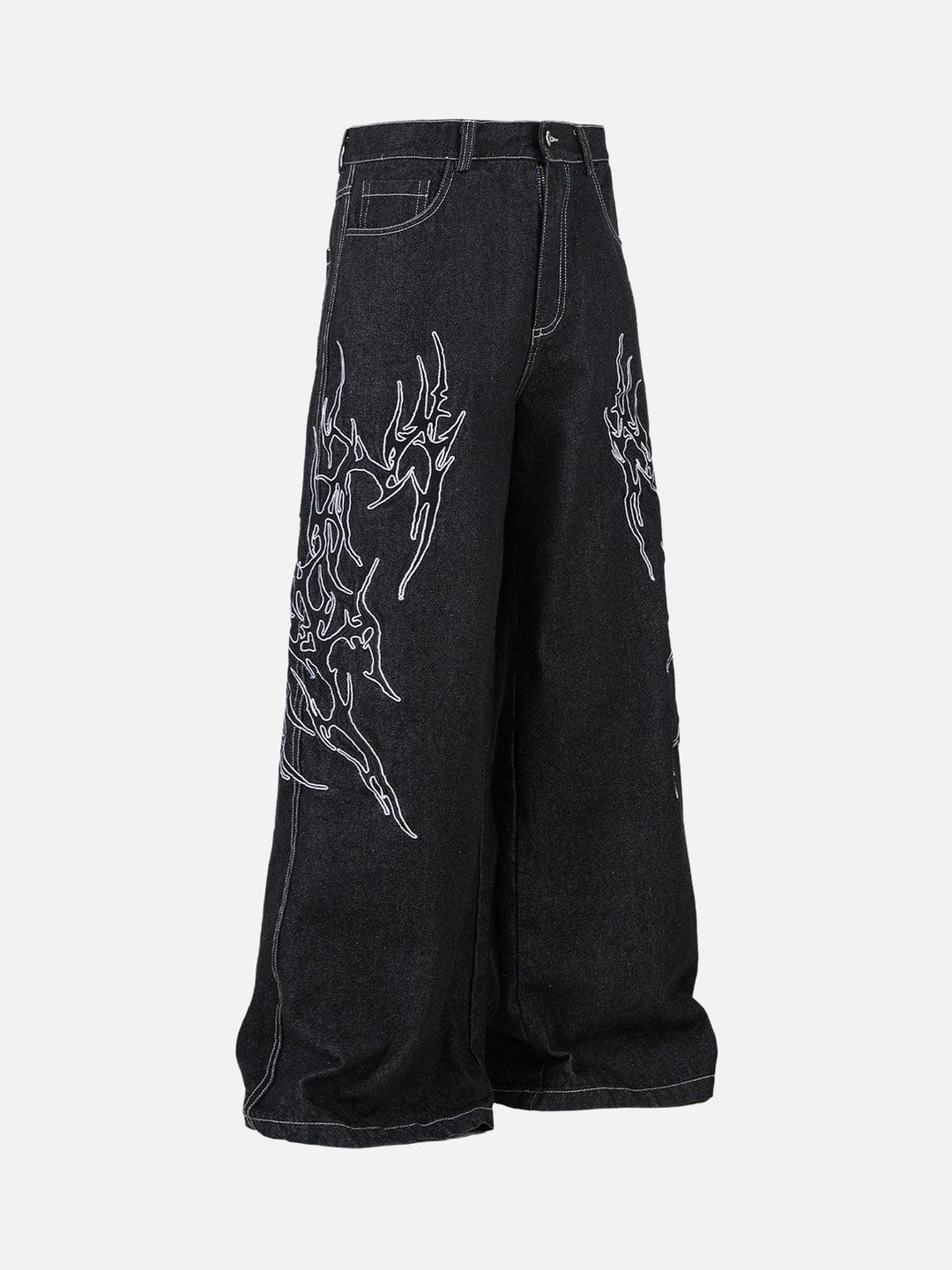 Men's black wide-leg jeans with white flame embroidery