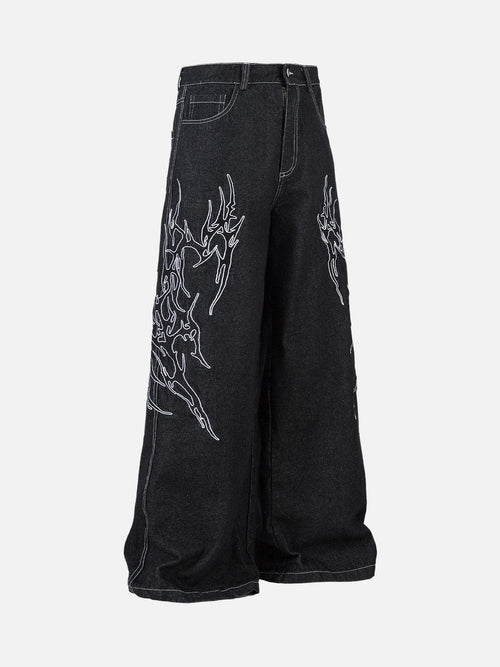 Men's black wide-leg jeans with white flame embroidery