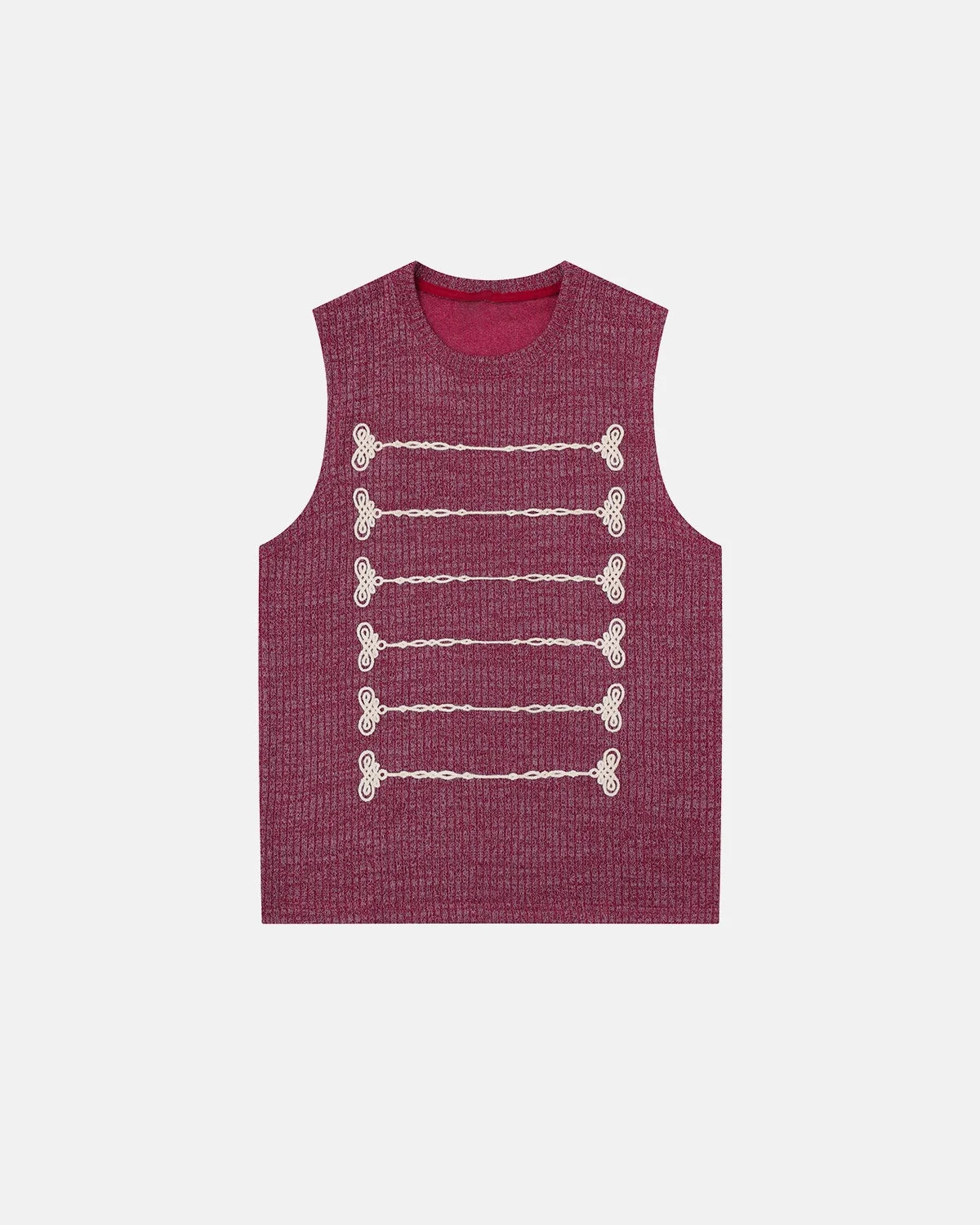 Women's sleeveless ribbed knit tank top with embroidered front rows