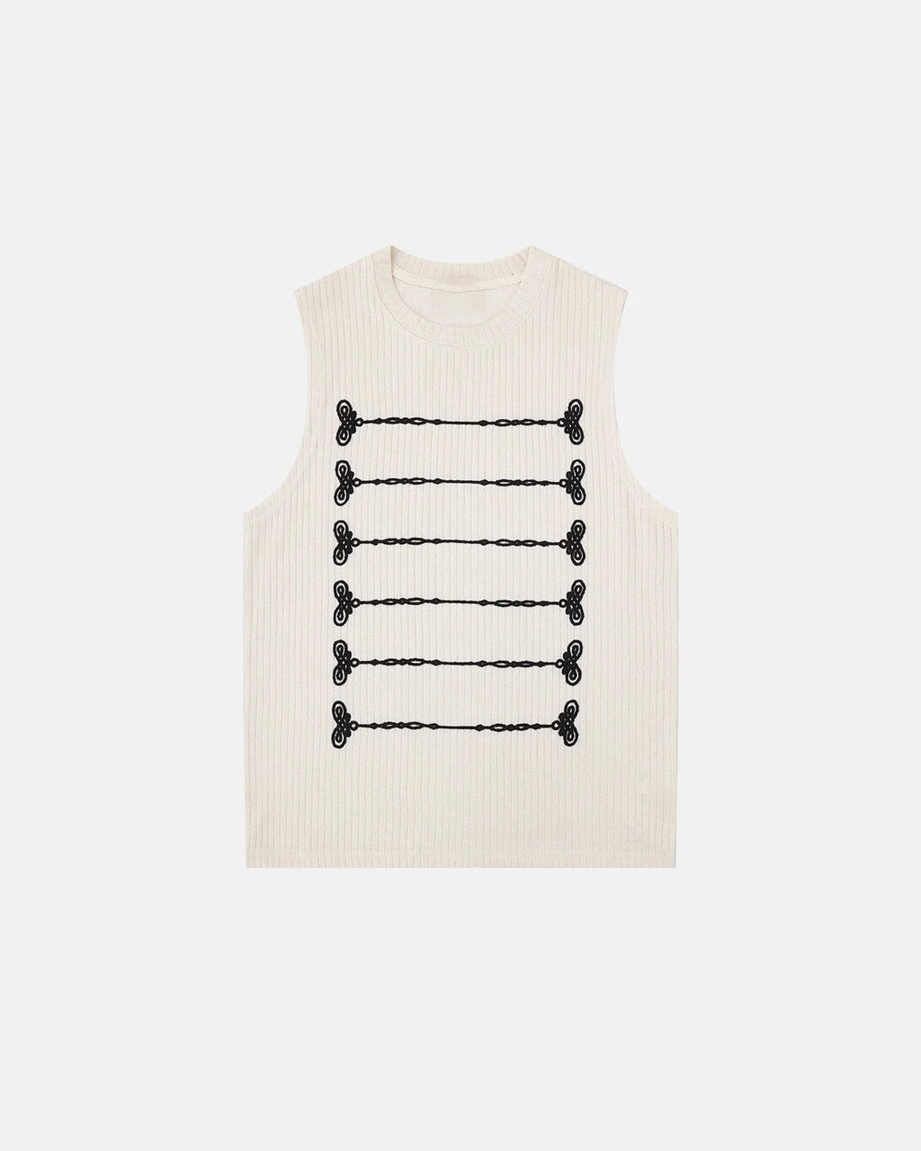 Women's sleeveless ribbed knit tank top with embroidered front rows