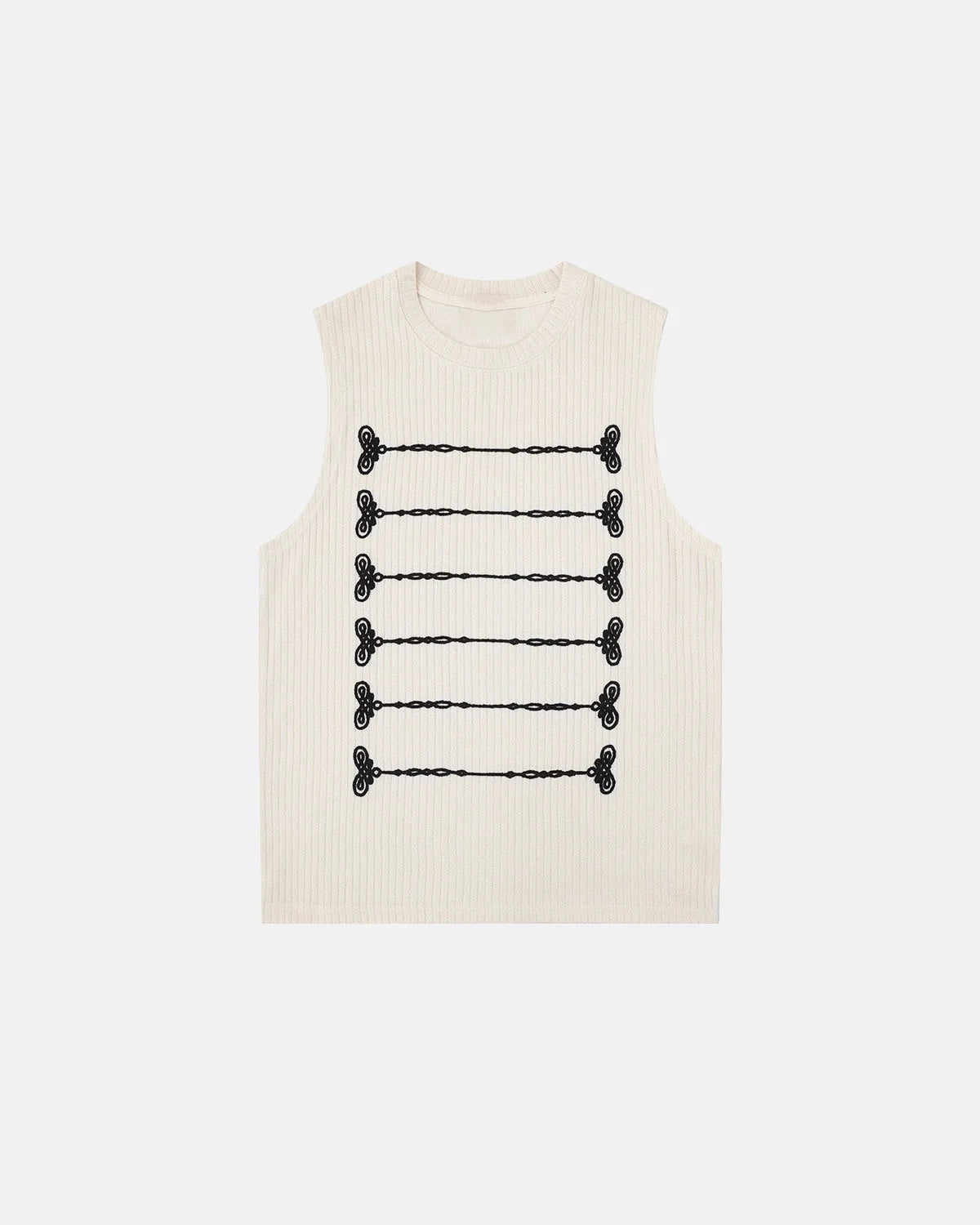 Women's sleeveless ribbed knit tank top with embroidered front rows