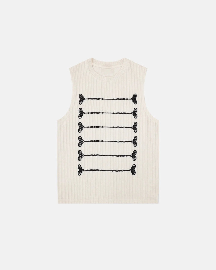 Women's sleeveless ribbed knit tank top with embroidered front rows