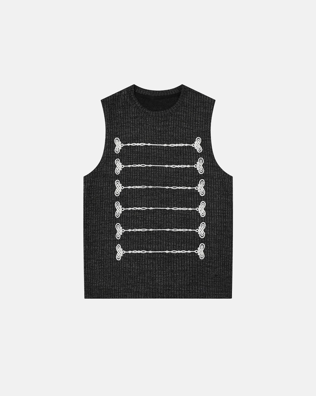 Women's sleeveless ribbed knit tank top with embroidered front rows