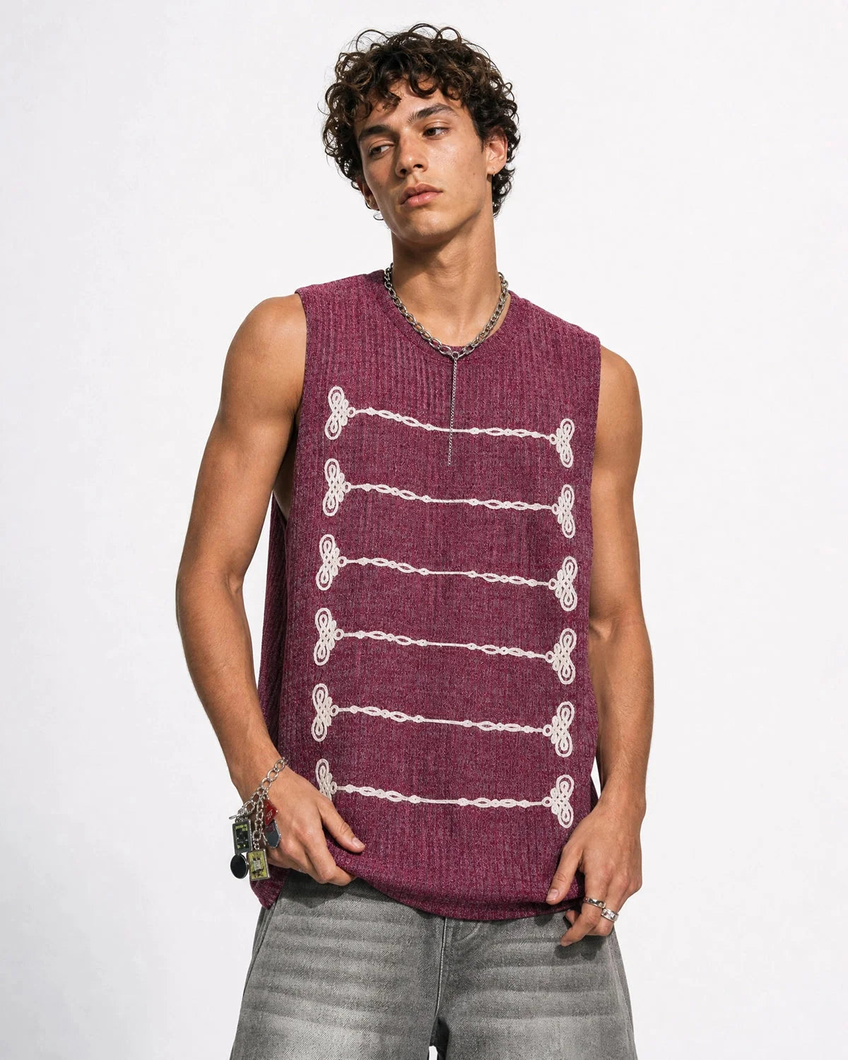 Women's sleeveless ribbed knit tank top with embroidered front rows