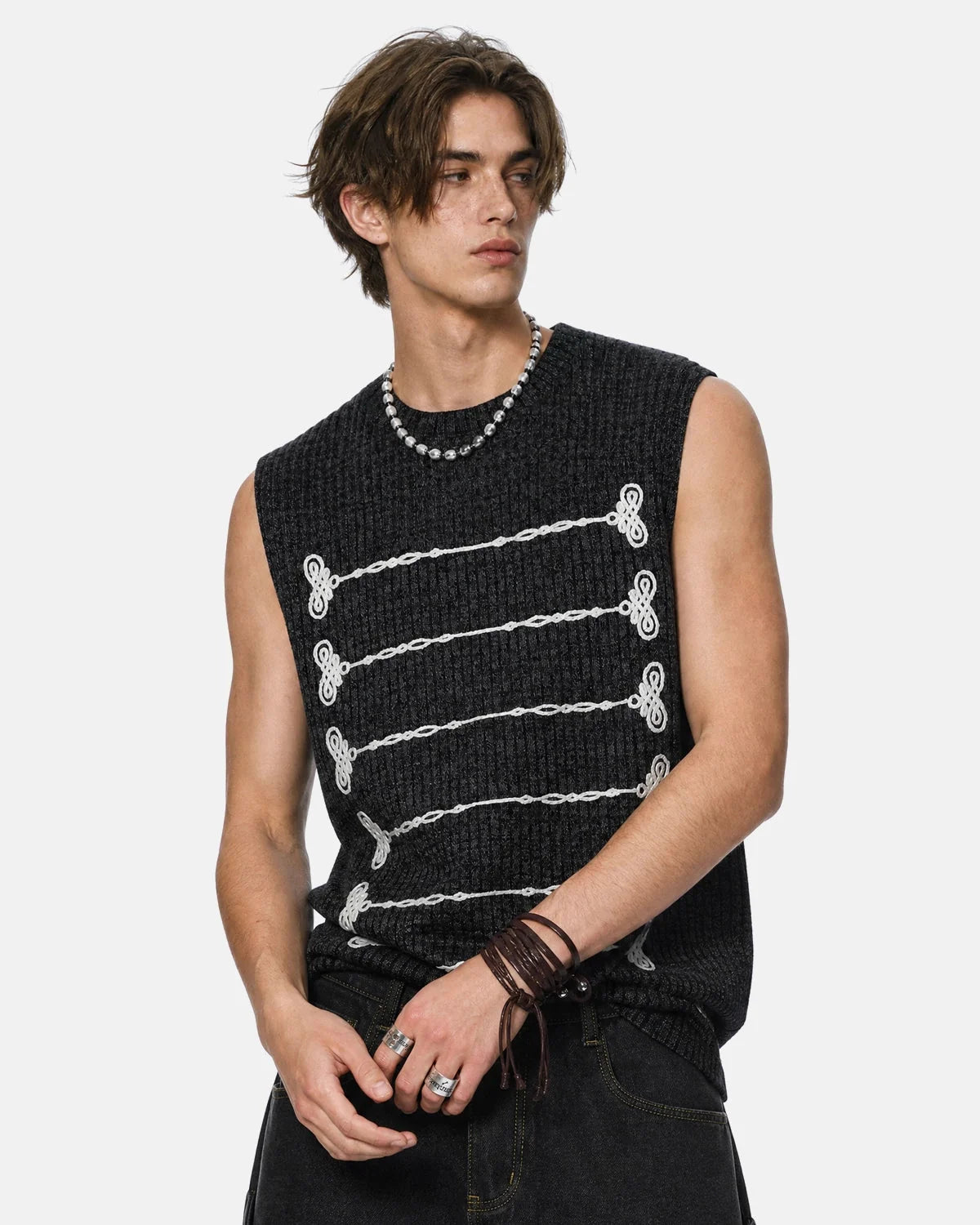 Women's sleeveless ribbed knit tank top with embroidered front rows