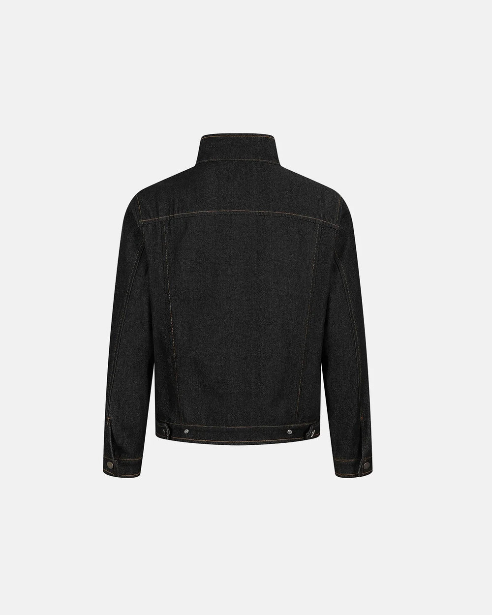 Men's black denim jacket with Mandarin collar, metal toggles and chest pockets