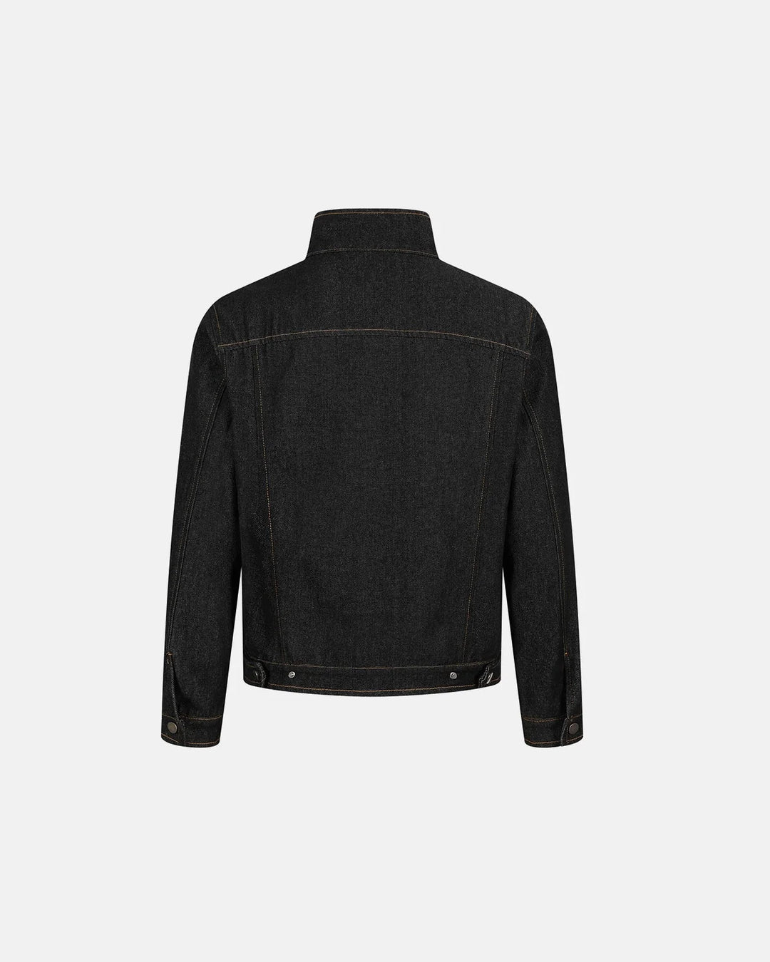Men's black denim jacket with Mandarin collar, metal toggles and chest pockets