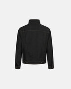 Men's black denim jacket with Mandarin collar, metal toggles and chest pockets