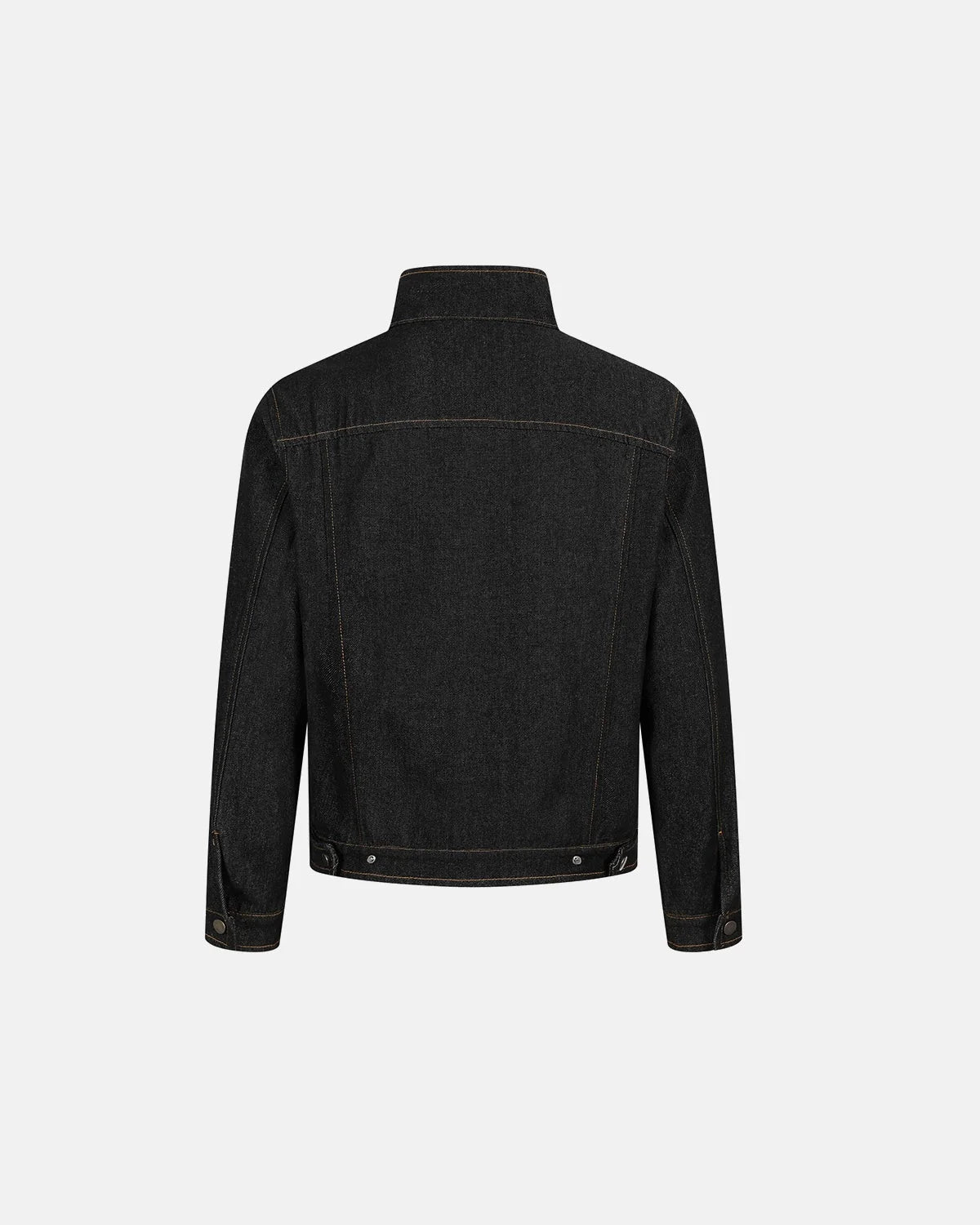 Men's black denim jacket with Mandarin collar, metal toggles and chest pockets
