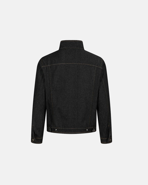 Men's black denim jacket with Mandarin collar, metal toggles and chest pockets