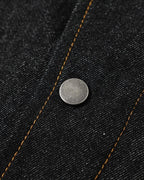 Men's black denim jacket with Mandarin collar, metal toggles and chest pockets