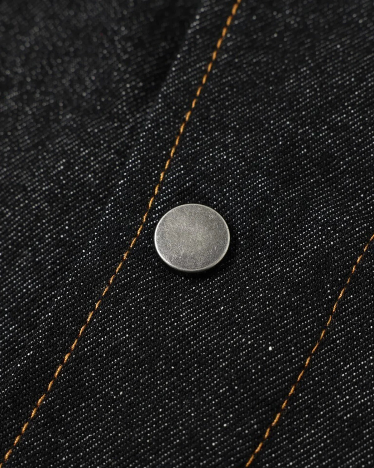 Men's black denim jacket with Mandarin collar, metal toggles and chest pockets