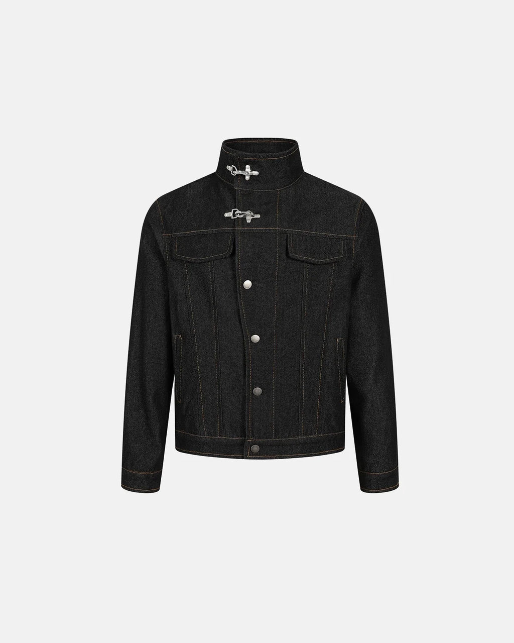 Men's black denim jacket with Mandarin collar, metal toggles and chest pockets