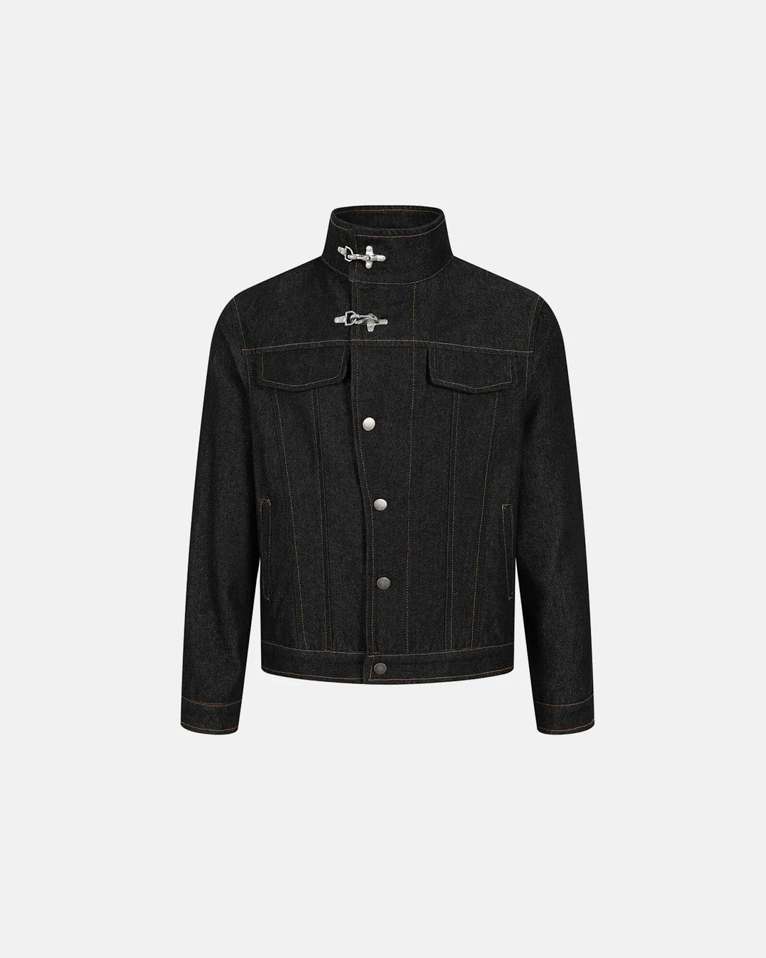 Men's black denim jacket with Mandarin collar, metal toggles and chest pockets
