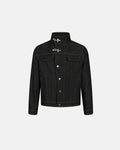 Men's black denim jacket with Mandarin collar, metal toggles and chest pockets