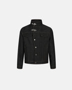 Men's black denim jacket with Mandarin collar, metal toggles and chest pockets