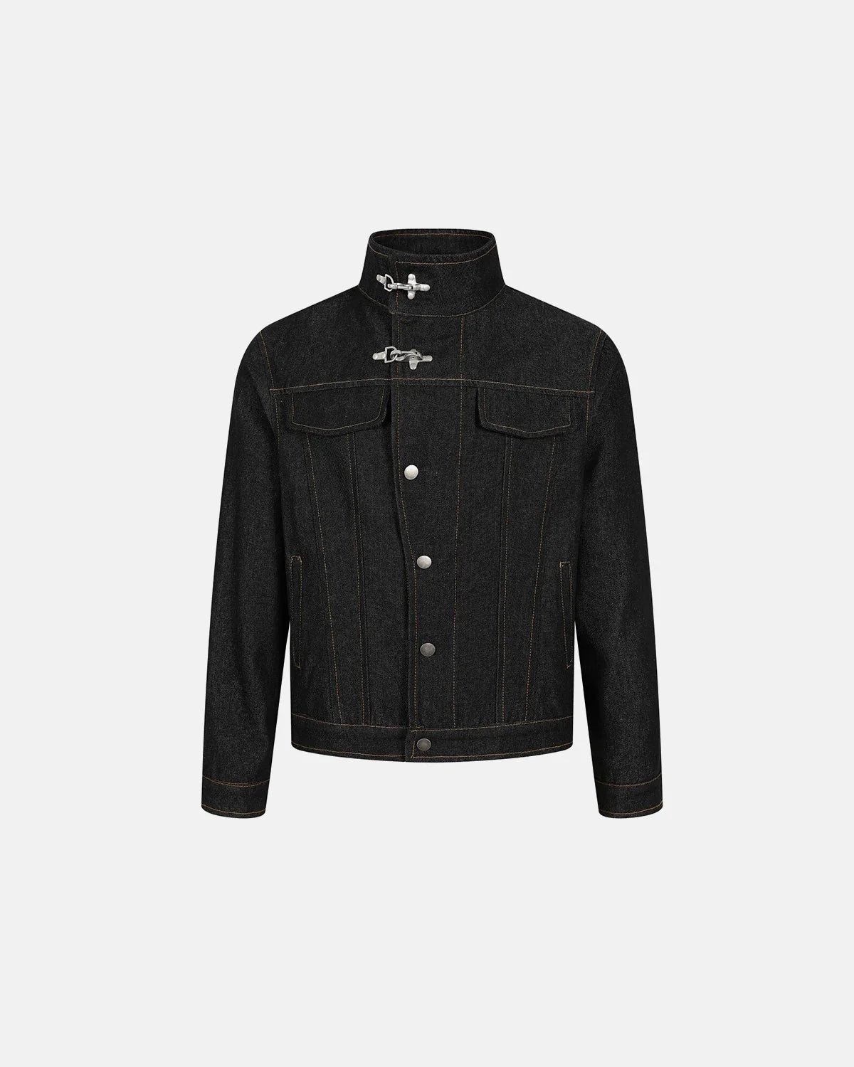 Men's black denim jacket with Mandarin collar, metal toggles and chest pockets