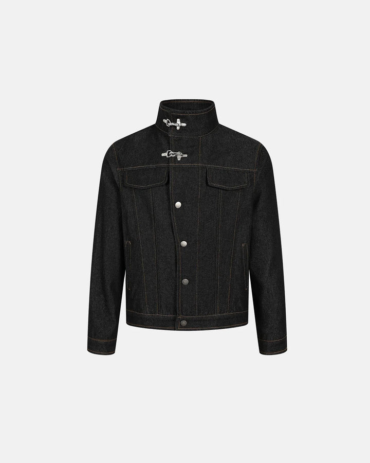 Men's black denim jacket with Mandarin collar, metal toggles and chest pockets