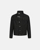 Men's black denim jacket with Mandarin collar, metal toggles and chest pockets