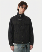 Men's black denim jacket with Mandarin collar, metal toggles and chest pockets