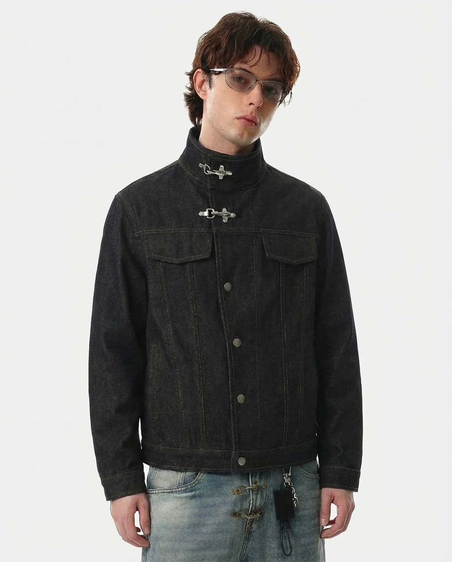 Men's black denim jacket with Mandarin collar, metal toggles and chest pockets