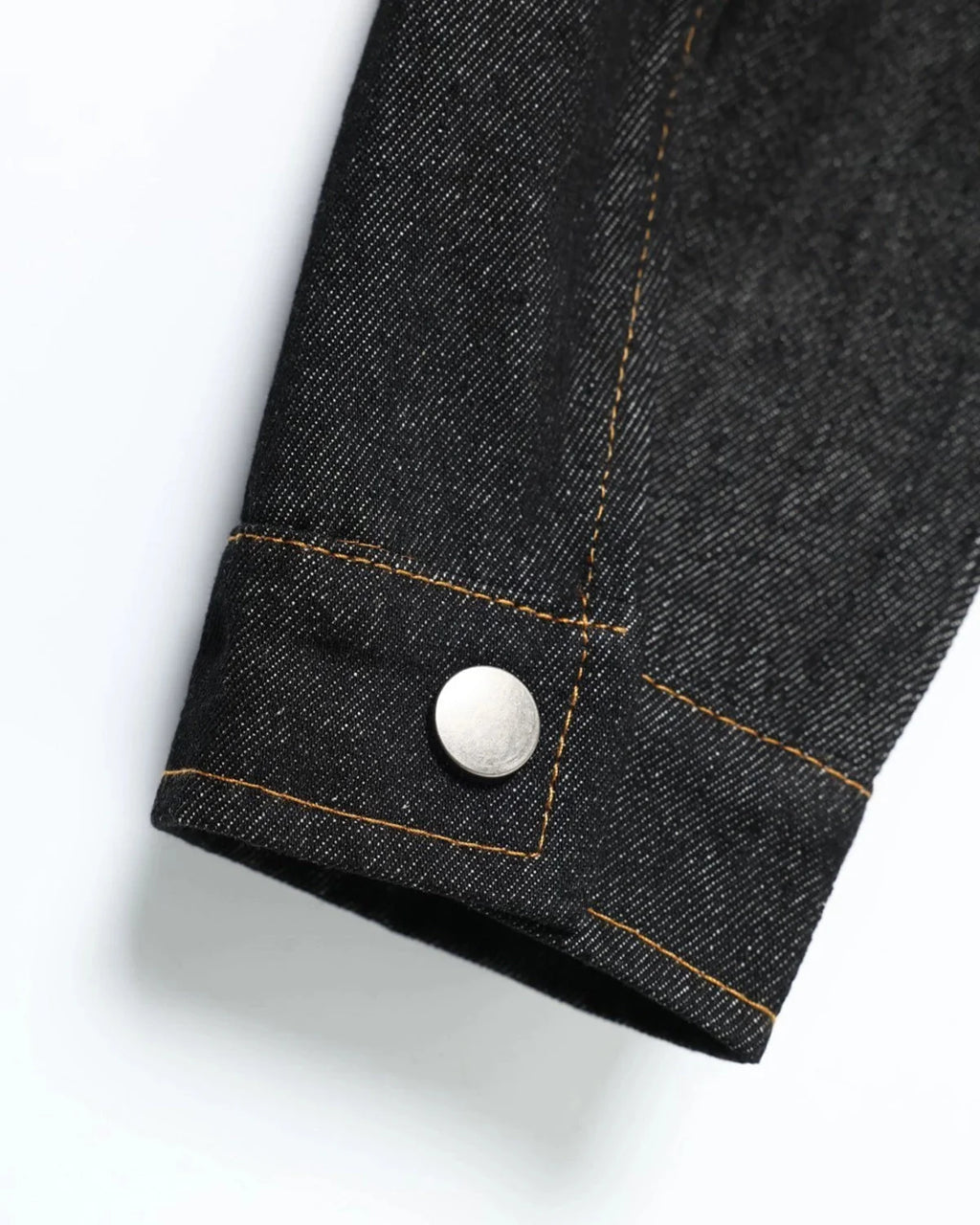 Men's black denim jacket with Mandarin collar, metal toggles and chest pockets