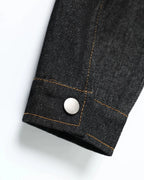 Men's black denim jacket with Mandarin collar, metal toggles and chest pockets