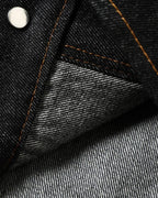 Men's black denim jacket with Mandarin collar, metal toggles and chest pockets