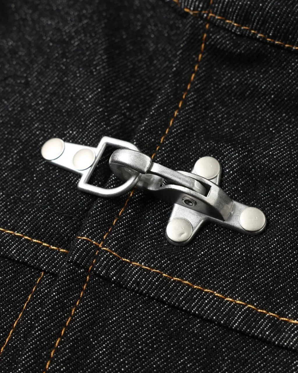 Men's black denim jacket with Mandarin collar, metal toggles and chest pockets