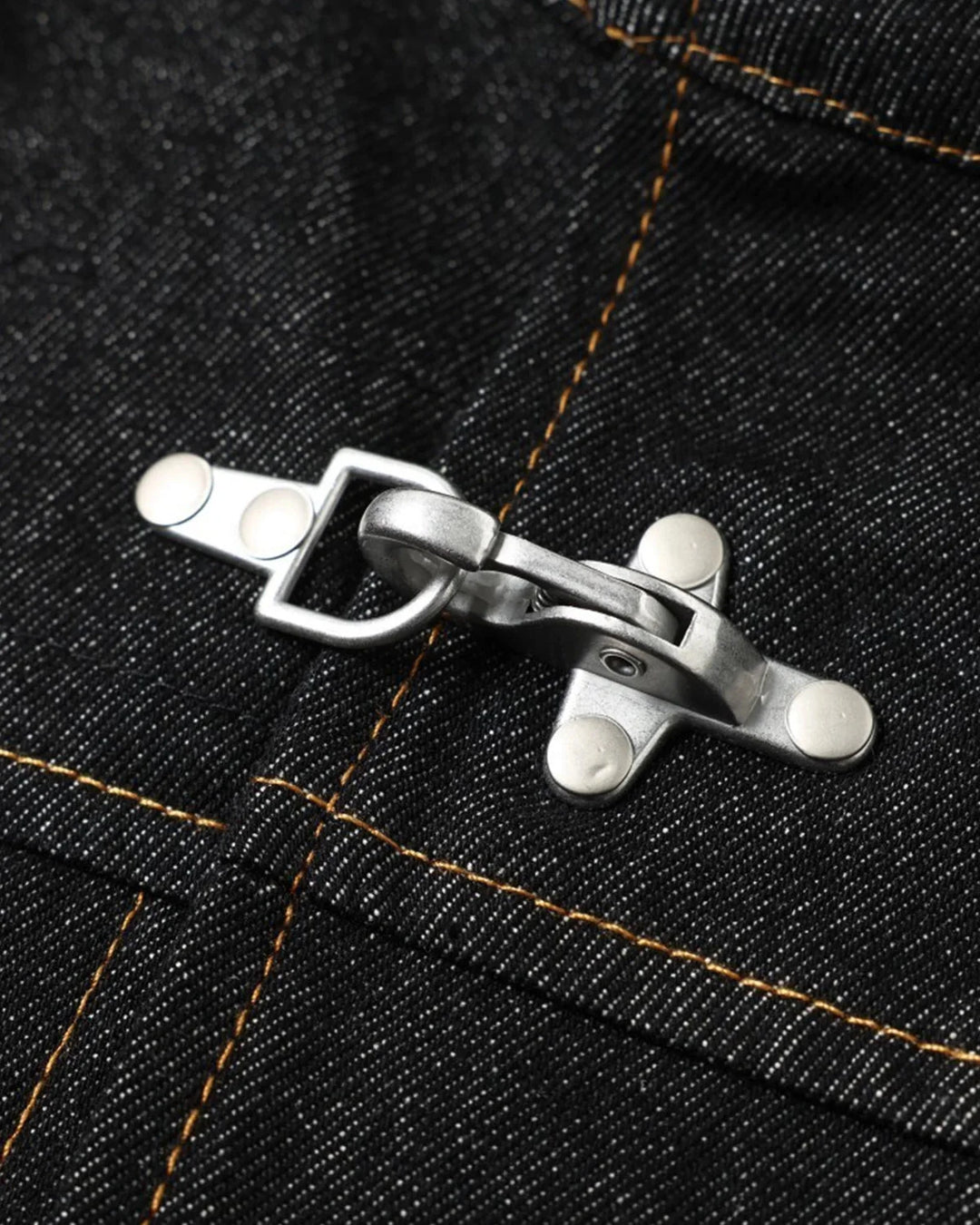 Men's black denim jacket with Mandarin collar, metal toggles and chest pockets