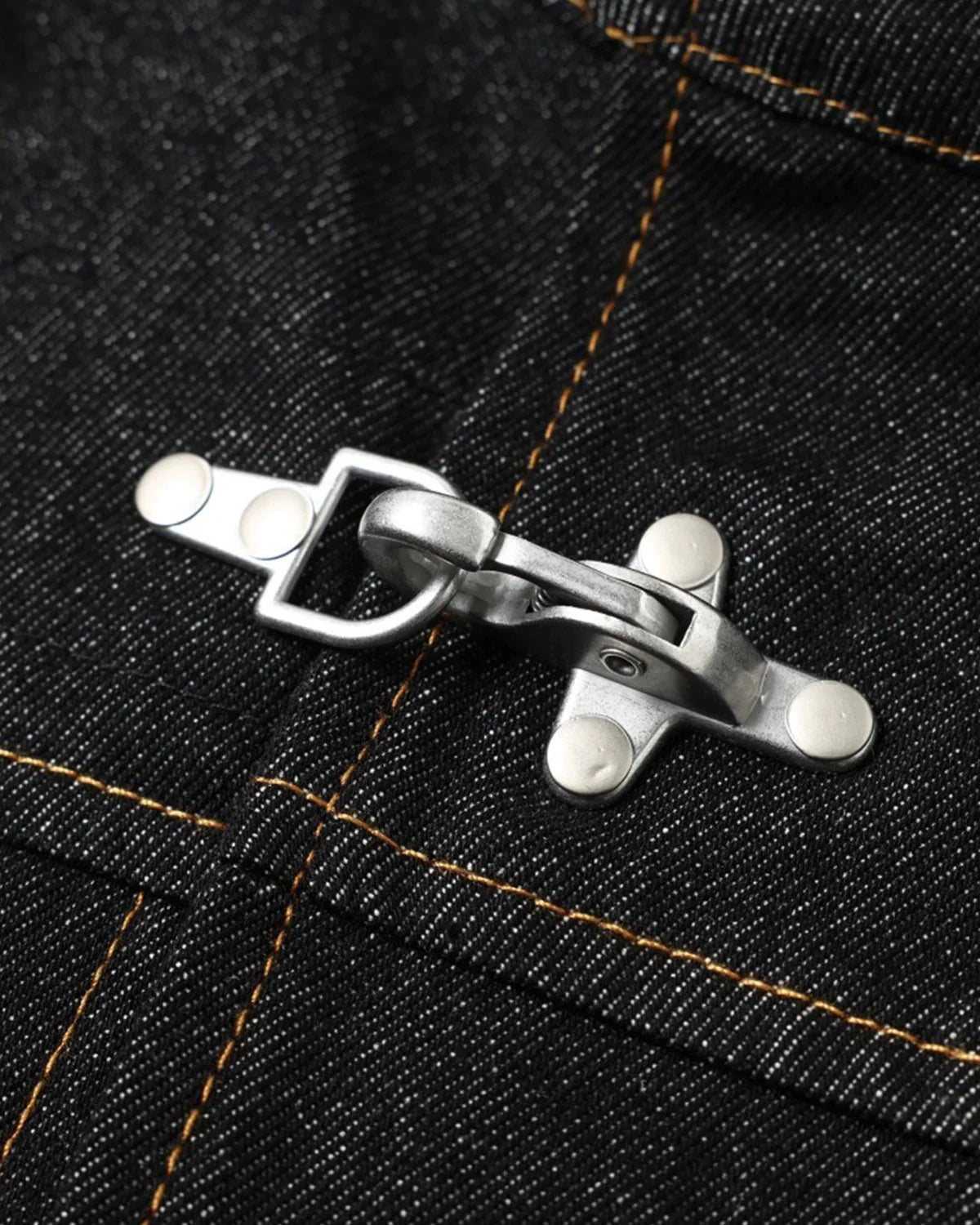 Men's black denim jacket with Mandarin collar, metal toggles and chest pockets