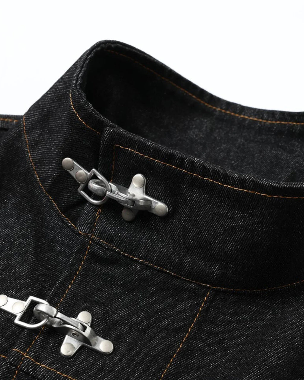 Men's black denim jacket with Mandarin collar, metal toggles and chest pockets
