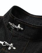 Men's black denim jacket with Mandarin collar, metal toggles and chest pockets