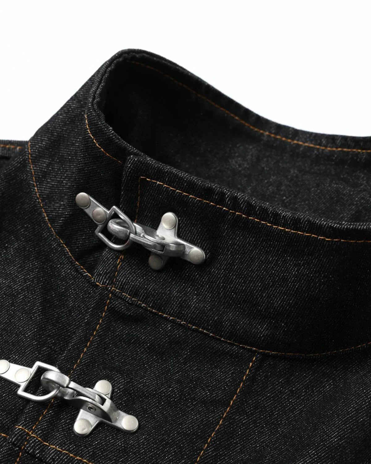 Men's black denim jacket with Mandarin collar, metal toggles and chest pockets