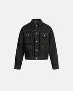 Men's black multi-pocket denim jacket with long sleeves