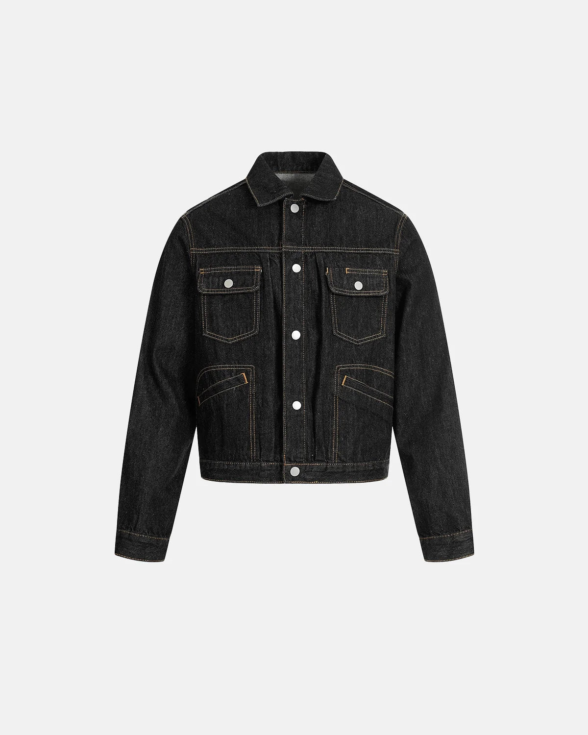 Men's black multi-pocket denim jacket with long sleeves