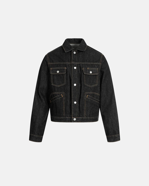 Men's black multi-pocket denim jacket with long sleeves
