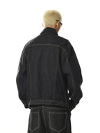 Men's black multi-pocket denim jacket with long sleeves