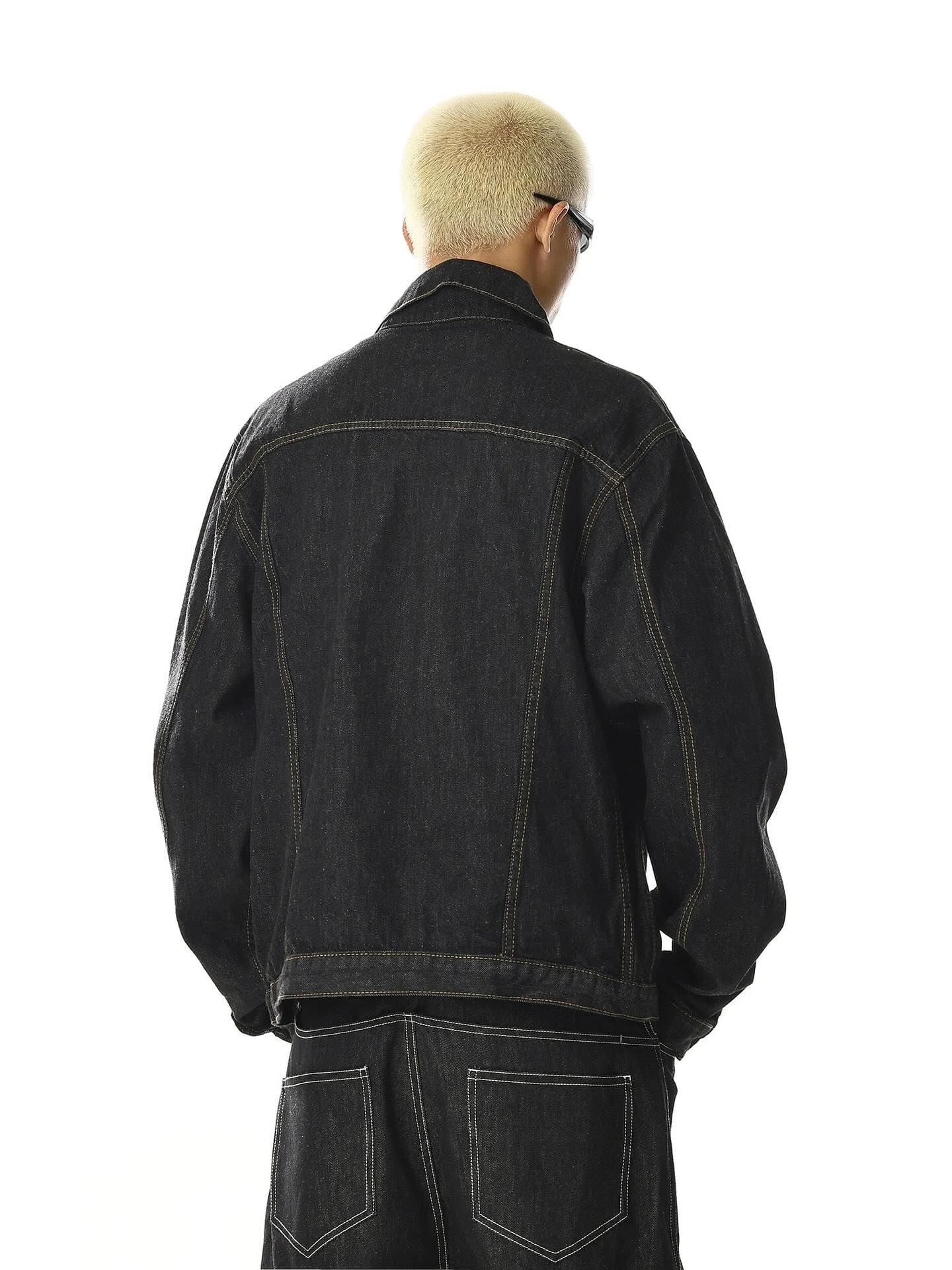 Men's black multi-pocket denim jacket with long sleeves