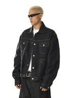 Men's black multi-pocket denim jacket with long sleeves